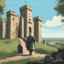 A highly realistic illustration of a medieval castle with guards stationed on the castle walls and towers