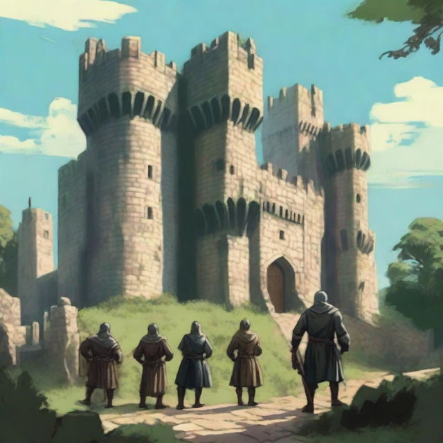 A highly realistic illustration of a medieval castle with guards stationed on the castle walls and towers