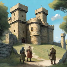 A highly realistic illustration of a medieval castle with guards stationed on the castle walls and towers