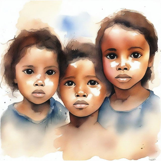 Cabo Verdean children with sad faces looking upwards in a semi-realistic watercolor style