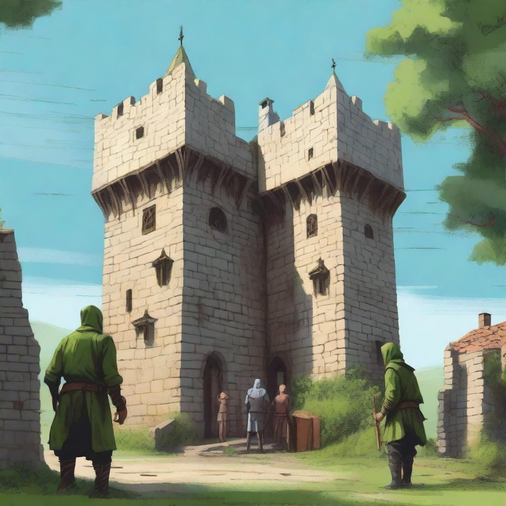 A highly realistic illustration of a medieval castle with guards stationed on the castle walls and towers