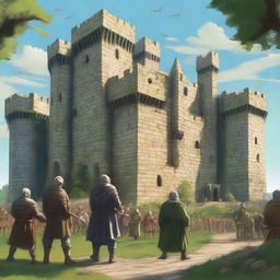 A highly realistic illustration of a medieval castle with guards stationed on the castle walls and towers