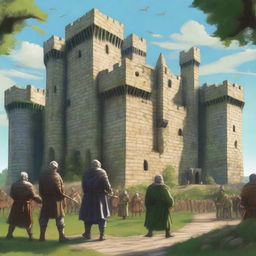 A highly realistic illustration of a medieval castle with guards stationed on the castle walls and towers