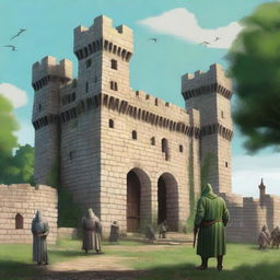 A highly realistic illustration of a medieval castle with guards stationed on the castle walls and towers