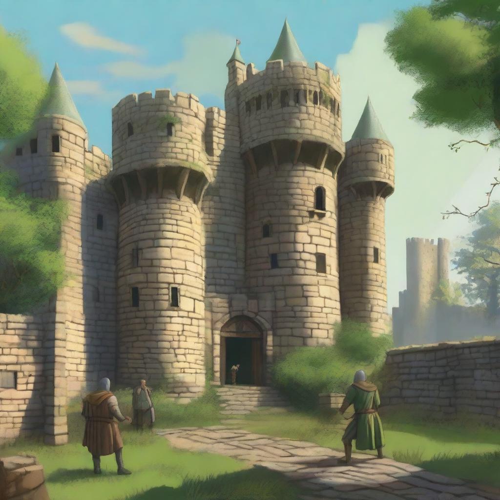 A highly realistic illustration of a medieval castle with guards stationed on the castle walls and towers