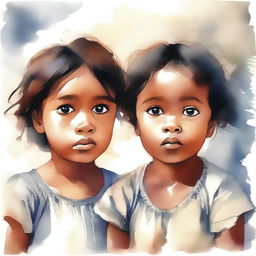 Cabo Verdean children with sad faces looking upwards in a semi-realistic watercolor style