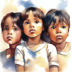 Cabo Verdean children with sad faces looking upwards in a semi-realistic watercolor style