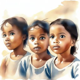 Cabo Verdean children with sad faces looking upwards in a semi-realistic watercolor style