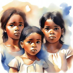 Cabo Verdean children with sad faces looking upwards in a semi-realistic watercolor style