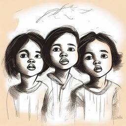 Cabo Verdean children with sad faces looking upwards in a childlike art style