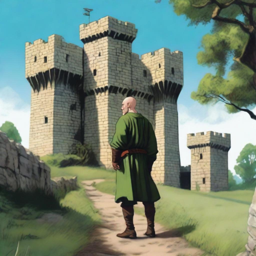 A highly realistic illustration of a medieval castle standing tall in the background with its grand towers and fortified walls