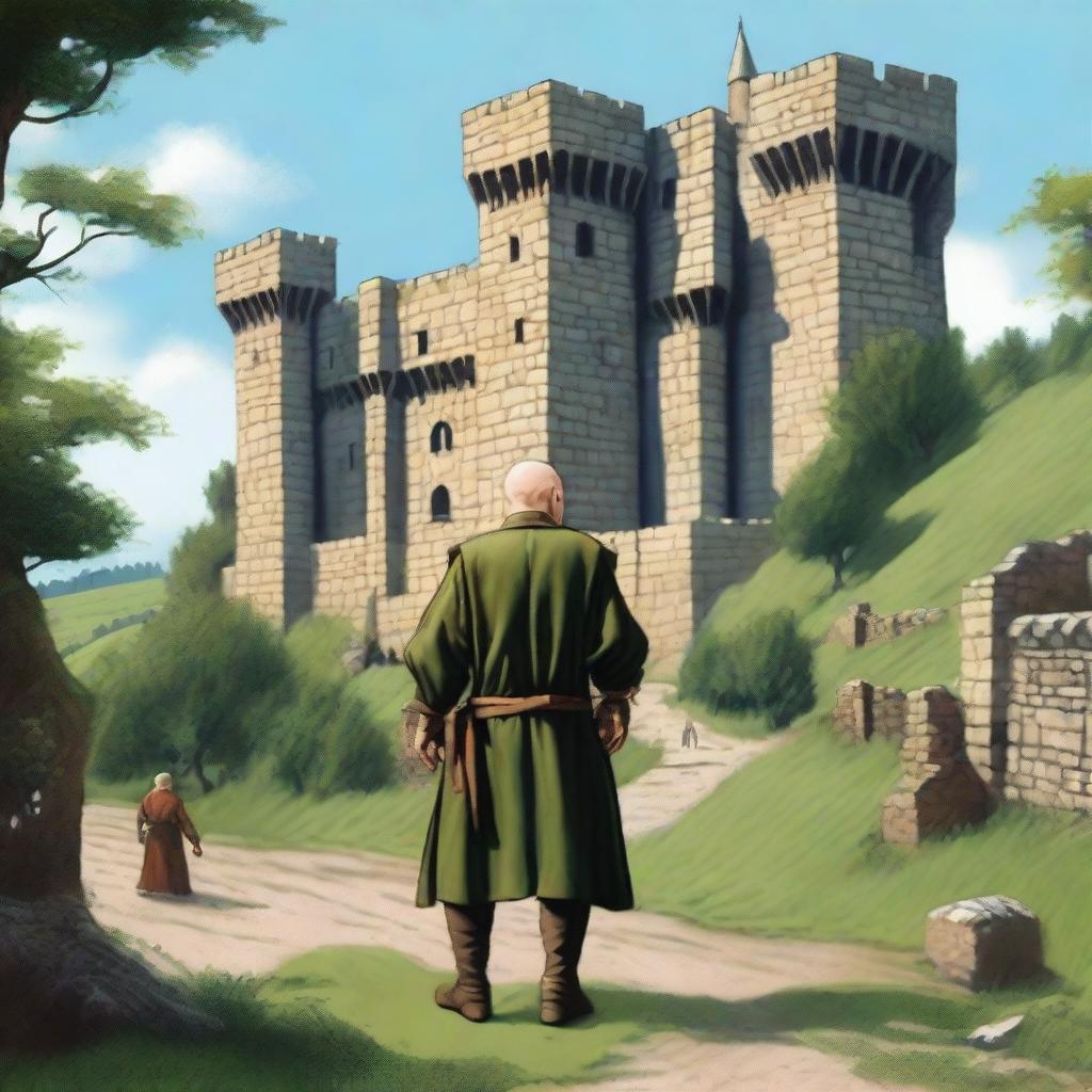 A highly realistic illustration of a medieval castle standing tall in the background with its grand towers and fortified walls