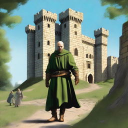 A highly realistic illustration of a medieval castle standing tall in the background with its grand towers and fortified walls