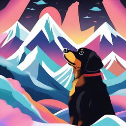 Create an image featuring a small furry black and tan dog experiencing an LSD hallucination