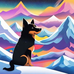 Create an image featuring a small furry black and tan dog experiencing an LSD hallucination