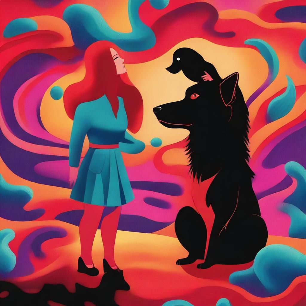 Create an image featuring a small, furry black and tan dog and a red-headed woman