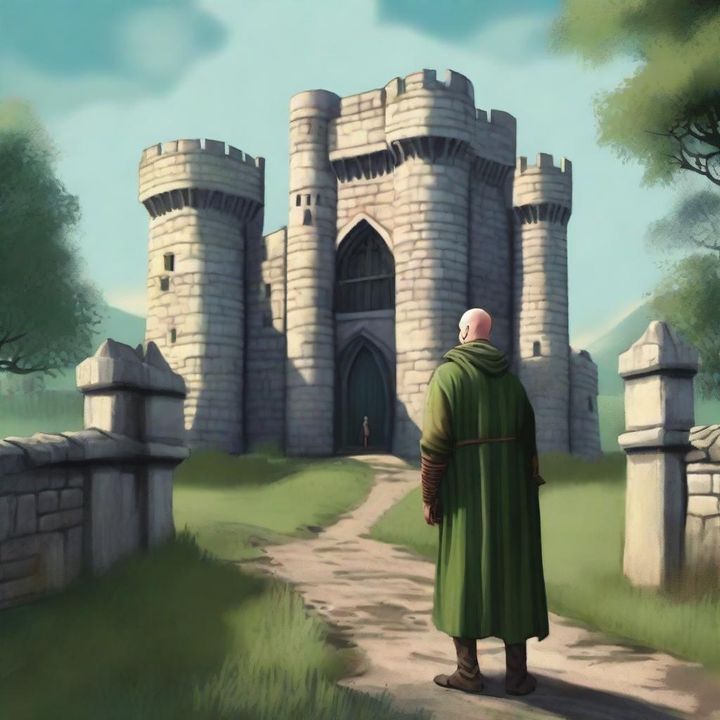 A highly realistic illustration of a medieval castle standing tall in the background with its grand towers and fortified walls