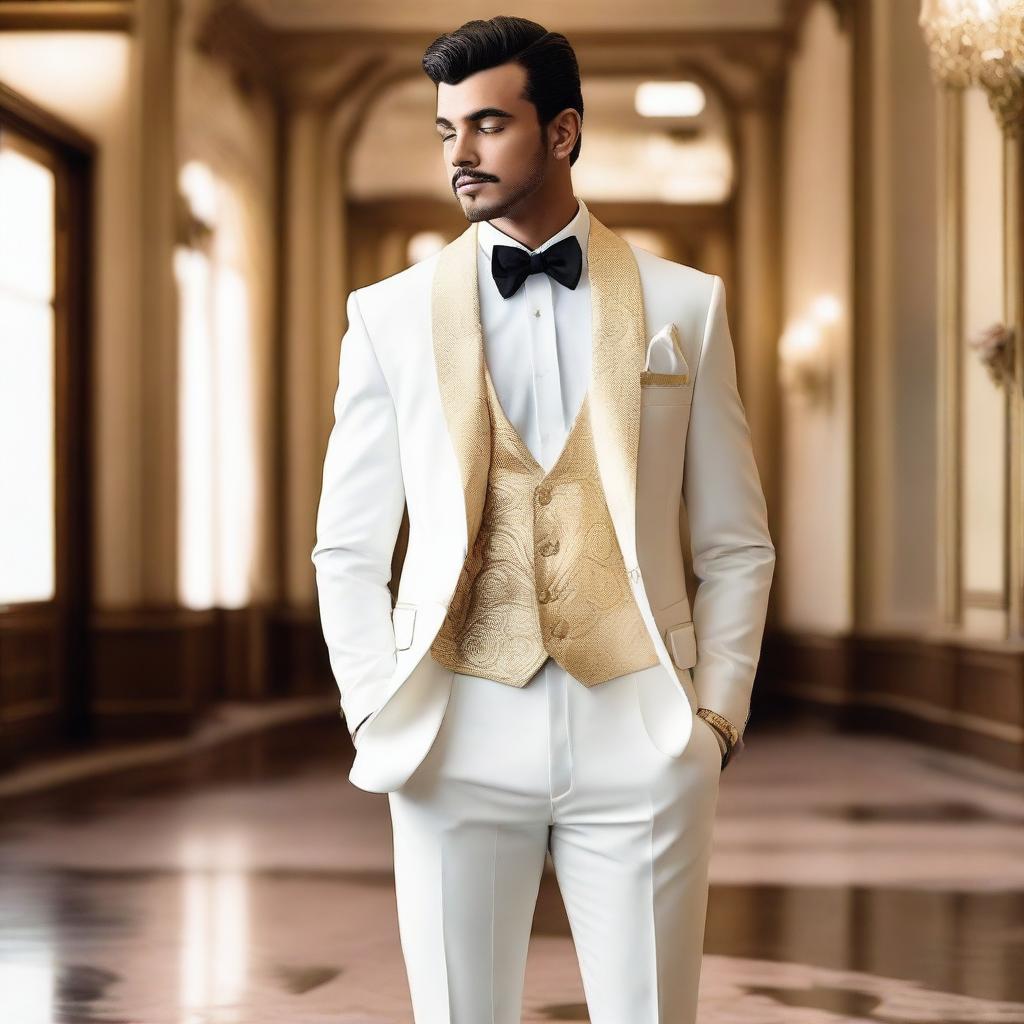 A stylish white and gold semi-formal tuxedo, perfect for an elegant occasion