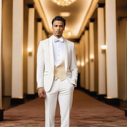 A stylish white and gold semi-formal tuxedo, perfect for an elegant occasion