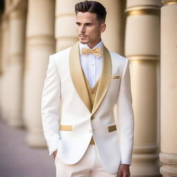 A stylish white and gold semi-formal tuxedo, perfect for an elegant occasion