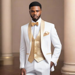 A stylish white and gold semi-formal tuxedo, perfect for an elegant occasion