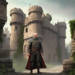 A highly realistic illustration of a medieval castle standing tall in the background with its grand towers and fortified walls