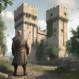 A highly realistic illustration of a medieval castle standing tall in the background with its grand towers and fortified walls