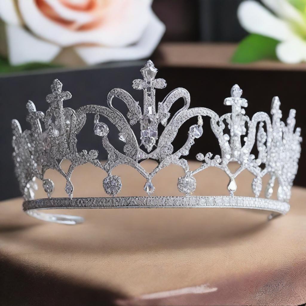 A beautiful tiara adorned with sparkling diamonds and intricate designs, fit for a princess