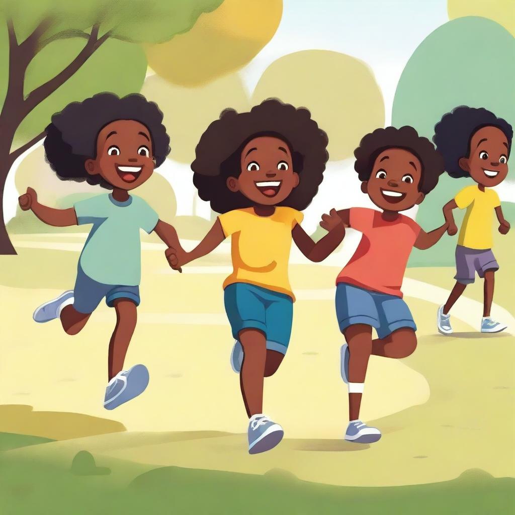 A joyful scene of Black children playing together in a park