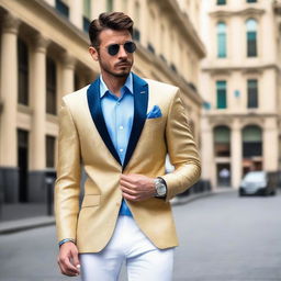 A fashionable ensemble featuring a gold and white blazer paired with a powder blue shirt and navy pants