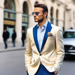 A fashionable ensemble featuring a gold and white blazer paired with a powder blue shirt and navy pants