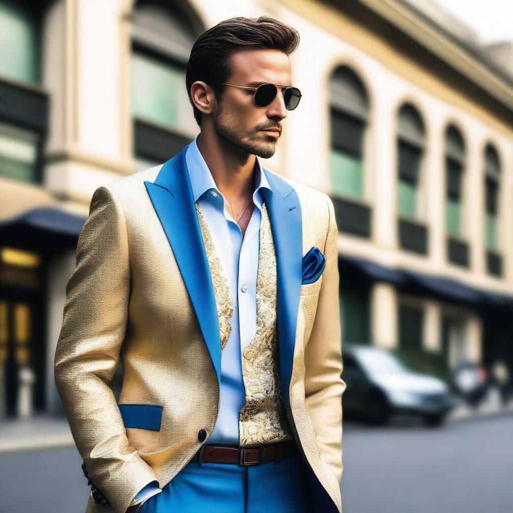 A fashionable ensemble featuring a gold and white blazer paired with a powder blue shirt and navy pants