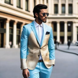 A fashionable ensemble featuring a gold and white blazer paired with a powder blue shirt and navy pants