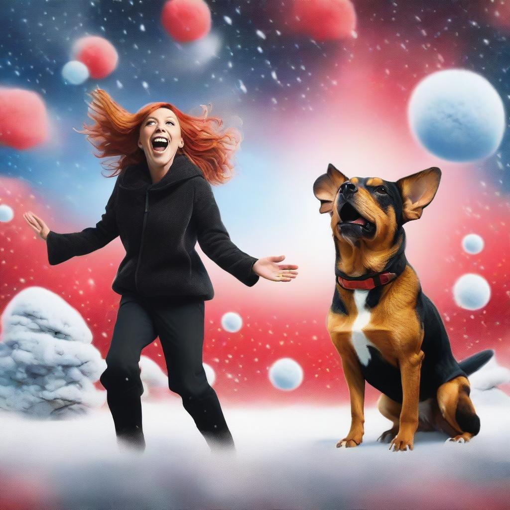 Create a photo-realistic image of a small furry black and tan dog experiencing an LSD hallucination, accompanied by a red-headed woman