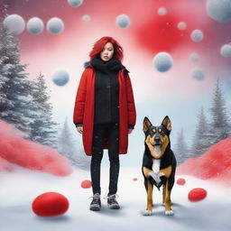 Create a photo-realistic image of a small furry black and tan dog experiencing an LSD hallucination, accompanied by a red-headed woman