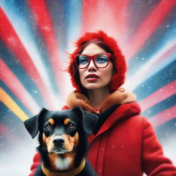 Create a photo-realistic image of a small furry black and tan dog experiencing an LSD hallucination, accompanied by a red-headed woman