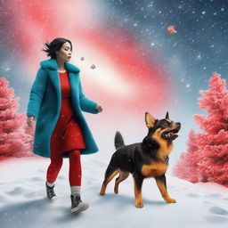 Create a photo-realistic image of a small furry black and tan dog experiencing an LSD hallucination, accompanied by a red-headed woman