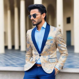 A fashionable ensemble featuring a gold and white blazer with a floral pattern, paired with a powder blue shirt and navy pants