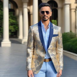 A fashionable ensemble featuring a gold and white blazer with a floral pattern, paired with a powder blue shirt and navy pants