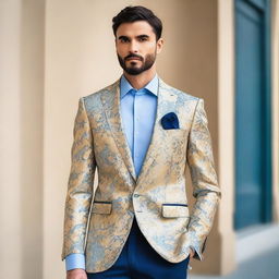 A fashionable ensemble featuring a gold and white blazer with a floral pattern, paired with a powder blue shirt and navy pants