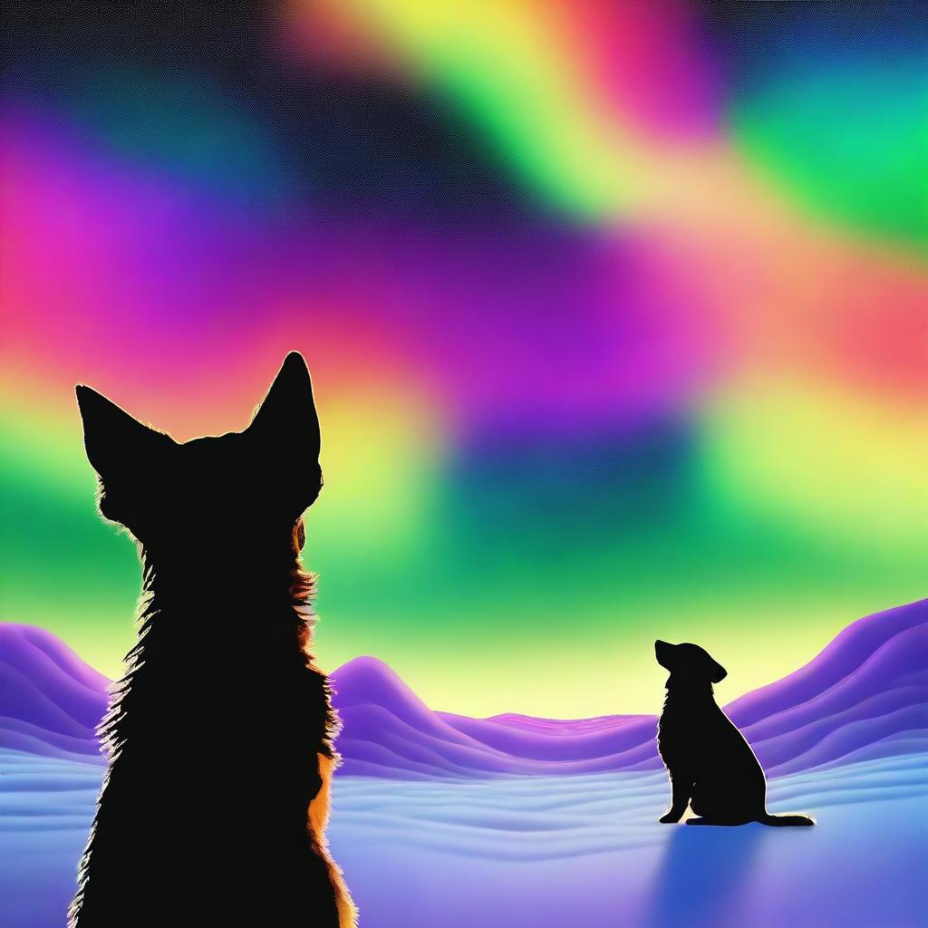 Create a photo-realistic image featuring a small furry black and tan dog experiencing an LSD hallucination