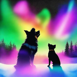 Create a photo-realistic image featuring a small furry black and tan dog experiencing an LSD hallucination