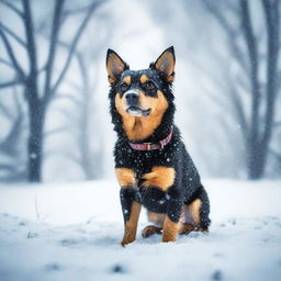 Generate a photo-quality image featuring a small furry black and tan dog in a blizzard background