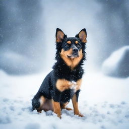 Generate a photo-quality image featuring a small furry black and tan dog in a blizzard background