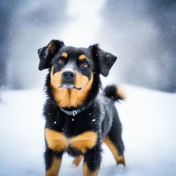 Generate a photo-quality image featuring a small furry black and tan dog in a blizzard background