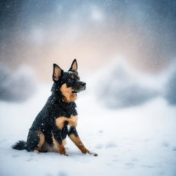 Generate a photo-quality image featuring a small furry black and tan dog in a blizzard background