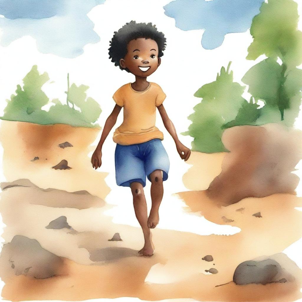 A watercolor illustration of a young Black child playing barefoot on rough earth