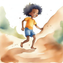 A watercolor illustration of a young Black child playing barefoot on rough earth