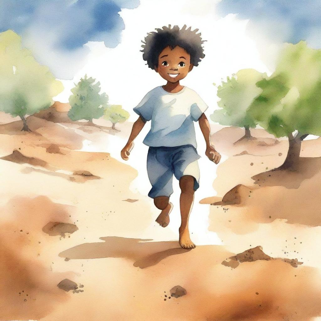 A watercolor illustration of a young Black child playing barefoot on rough earth