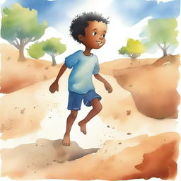 A watercolor illustration of a young Black child playing barefoot on rough earth